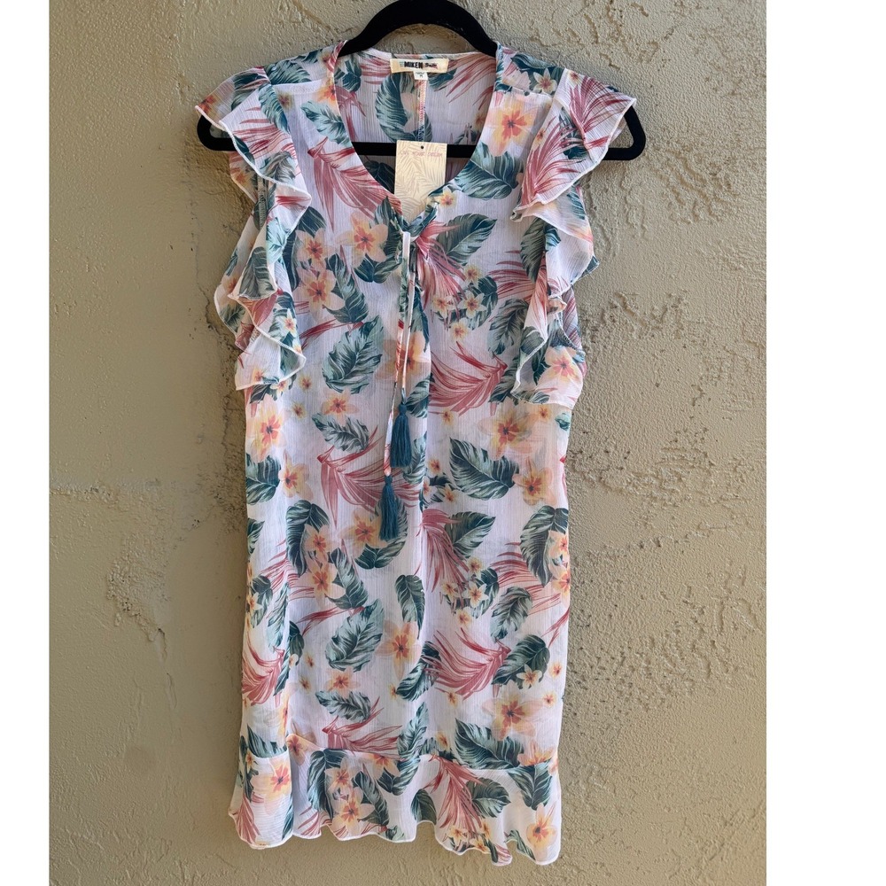 Miken NEW Womens White Tropical Floral Beach Coverup MEDIUM Sheer Resort Swim - Picture 2 of 8